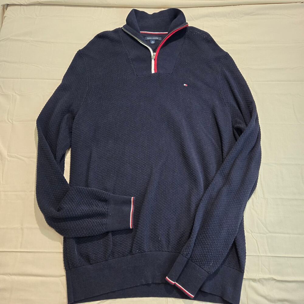 Tommy Hilfiger Men's Classic 1/4 Zip Sweater Flag Logo Navy Blue Size XXL
